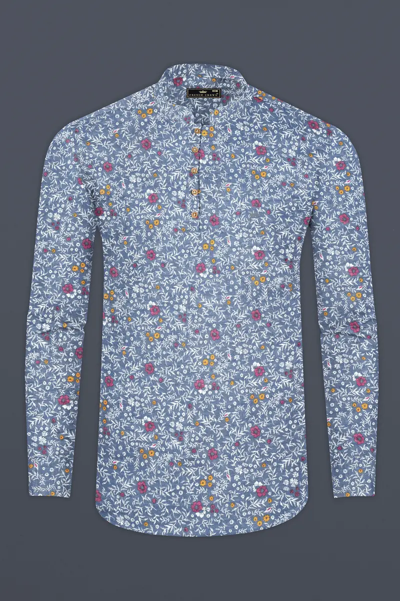 Faded Blue Floral Printed Luxurious Linen Kurta Shirt 5