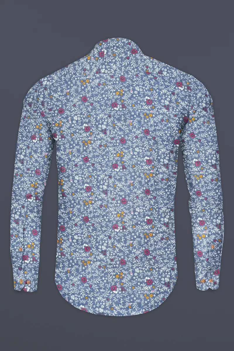 Faded Blue Floral Printed Luxurious Linen Kurta Shirt 6