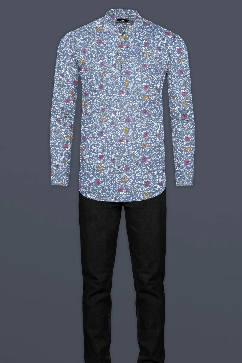 Faded Blue Floral Printed Luxurious Linen Kurta Shirt 7