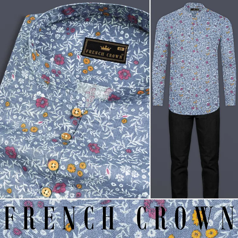 Faded Blue Floral Printed Luxurious Linen Kurta Shirt 8