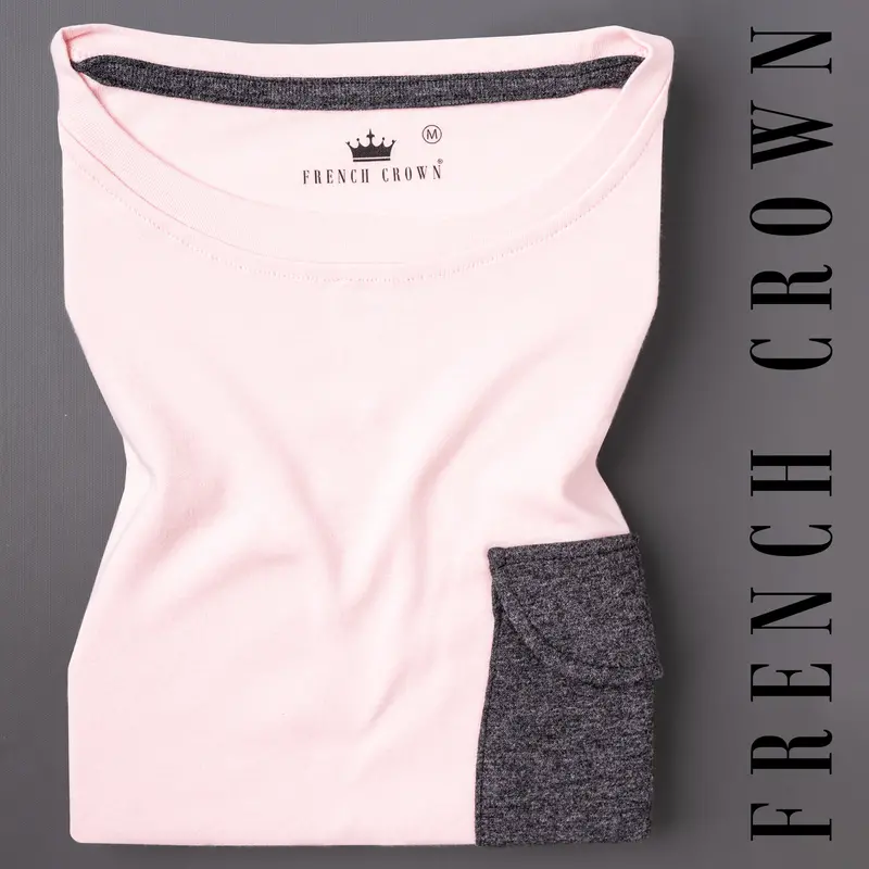 Fair Pink With Grey Flap Pocket Super Soft Heavyweight Premium Cotton Winter T-Shirt 1