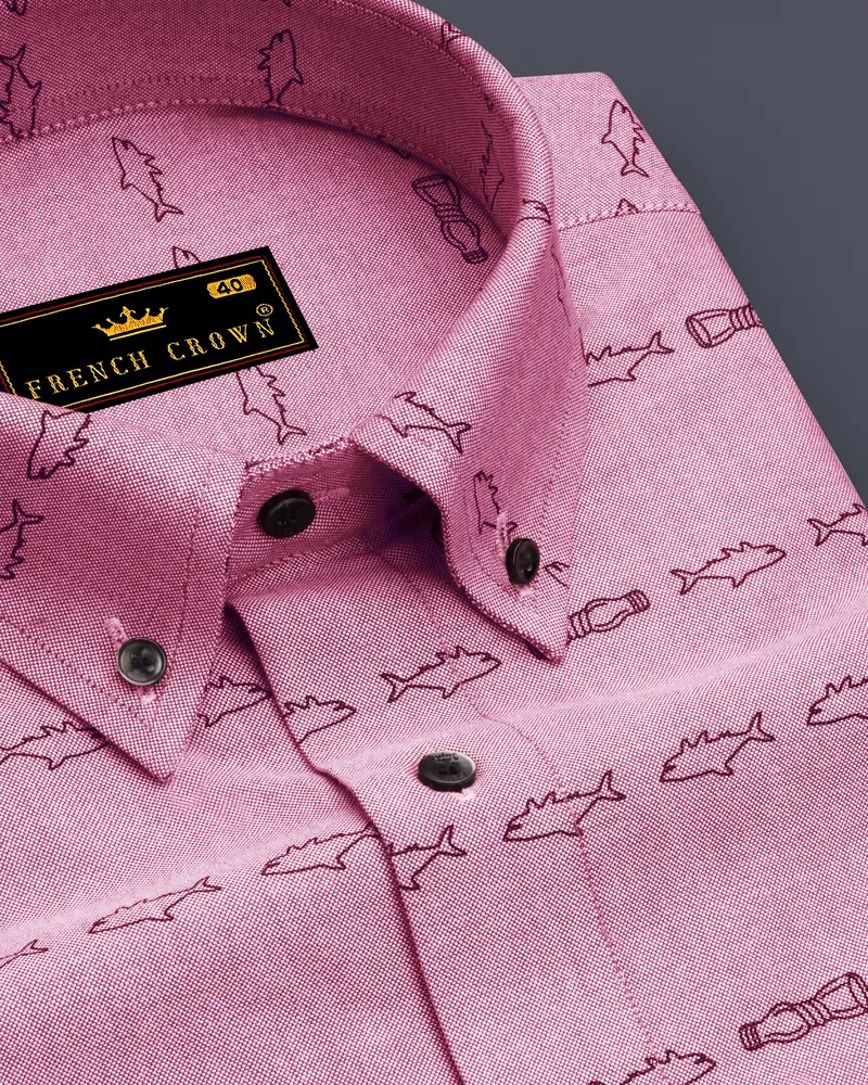 Falcon Pink With Blue Fish Printed Royal Oxford Shirt 1