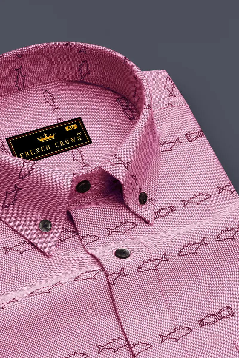 Falcon Pink With Blue Fish Printed Royal Oxford Shirt 2