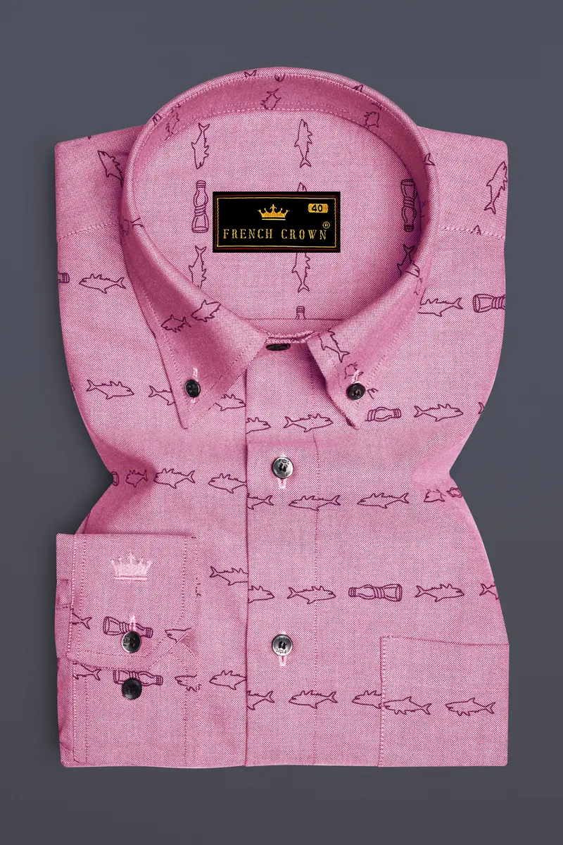 Falcon Pink With Blue Fish Printed Royal Oxford Shirt 4