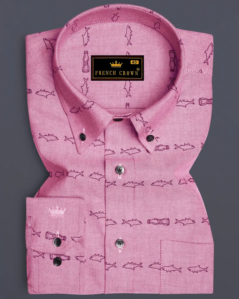 Falcon Pink With Blue Fish Printed Royal Oxford Shirt 6