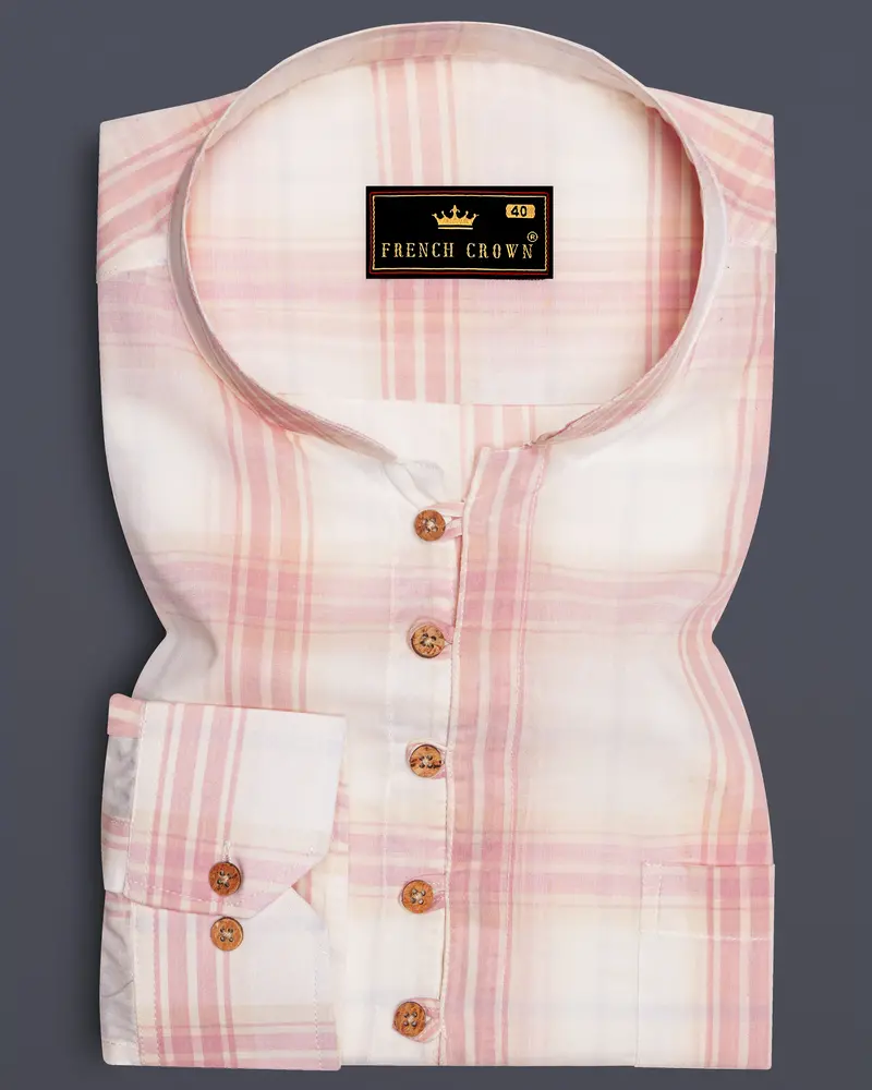 Fantasy Beige And Faded Pink Plaid Premium Cotton Kurta Shirt 1