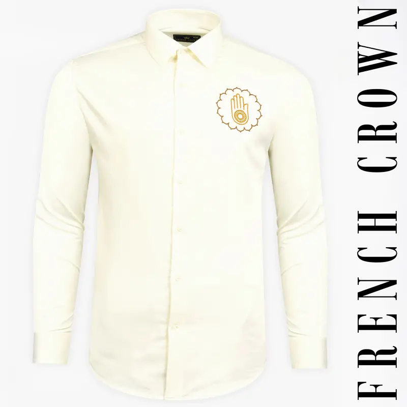 Fantasy Cream Jain Ahimsa Symbol Embroidered Subtle Sheen Super Soft Premium Cotton Designer Shirt 1