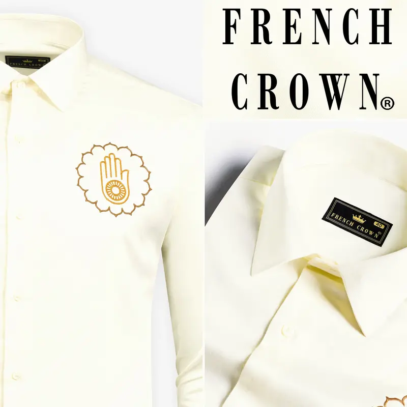 Fantasy Cream Jain Ahimsa Symbol Embroidered Subtle Sheen Super Soft Premium Cotton Designer Shirt 11