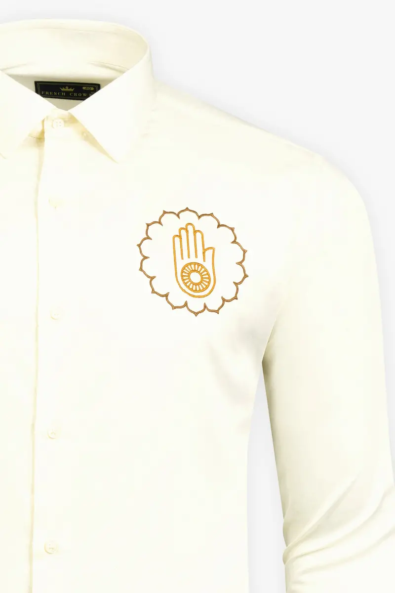 Fantasy Cream Jain Ahimsa Symbol Embroidered Subtle Sheen Super Soft Premium Cotton Designer Shirt 2