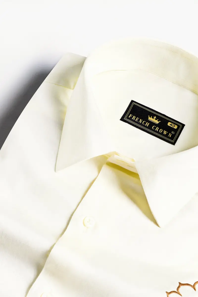 Fantasy Cream Jain Ahimsa Symbol Embroidered Subtle Sheen Super Soft Premium Cotton Designer Shirt 4