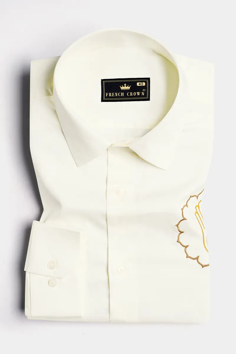 Fantasy Cream Jain Ahimsa Symbol Embroidered Subtle Sheen Super Soft Premium Cotton Designer Shirt 5