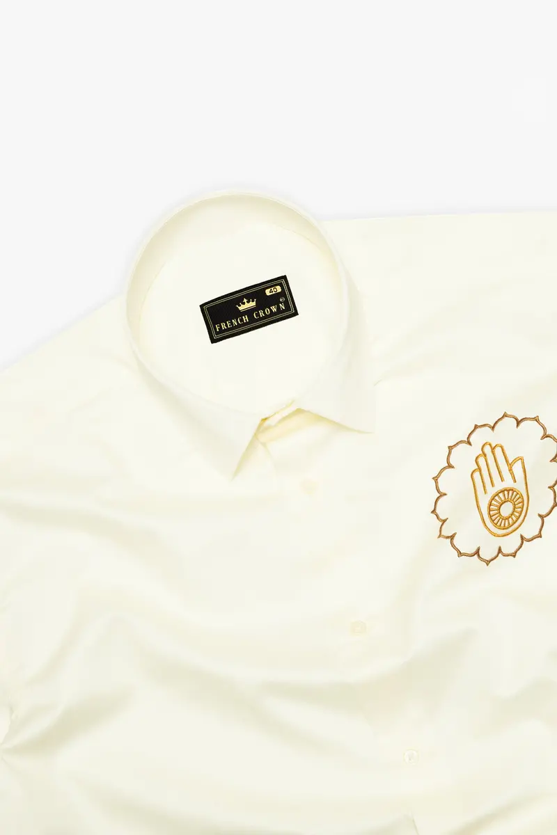 Fantasy Cream Jain Ahimsa Symbol Embroidered Subtle Sheen Super Soft Premium Cotton Designer Shirt 6