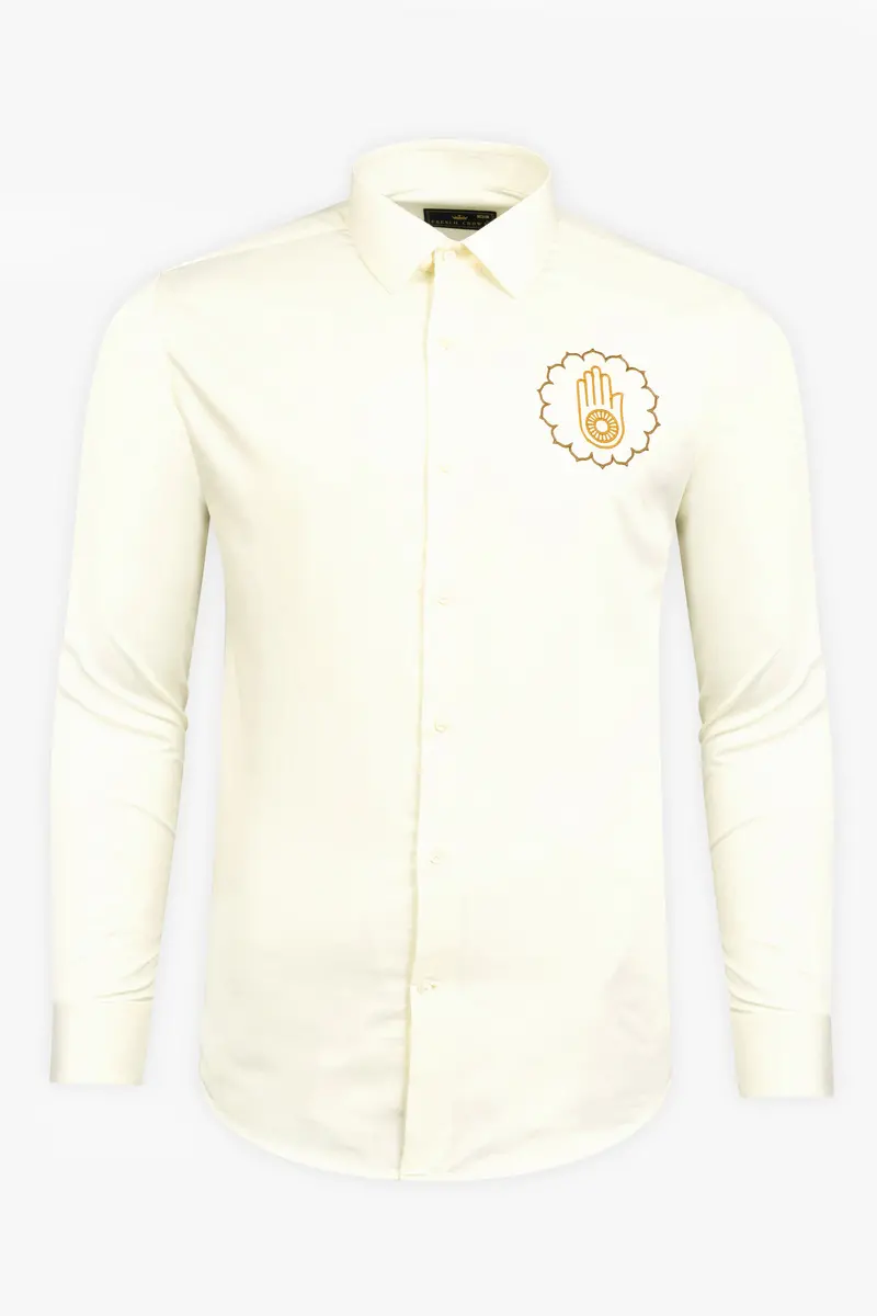 Fantasy Cream Jain Ahimsa Symbol Embroidered Subtle Sheen Super Soft Premium Cotton Designer Shirt 7