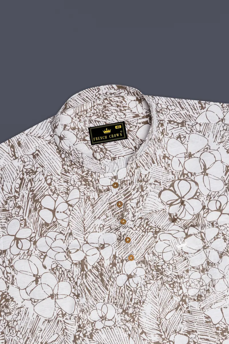 Fantasy Cream With Pastel Green Floral Textured Luxurious Linen Kurta Shirt 5