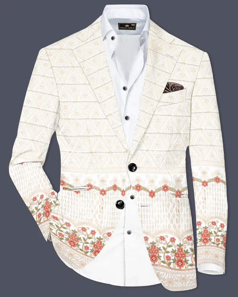 Fantasy Off White And Blush Pink Sequin And Thread Embroidered Single Breasted Blazer 1