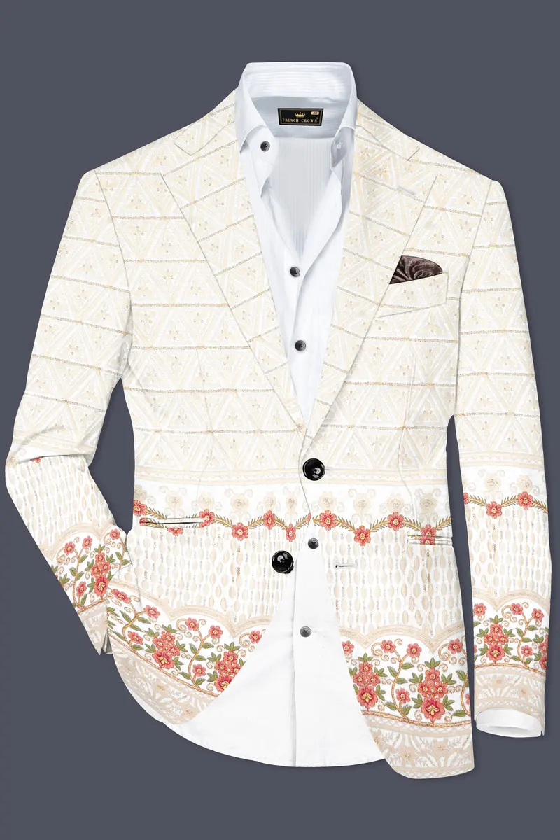 Fantasy Off White And Blush Pink Sequin And Thread Embroidered Single Breasted Blazer 2