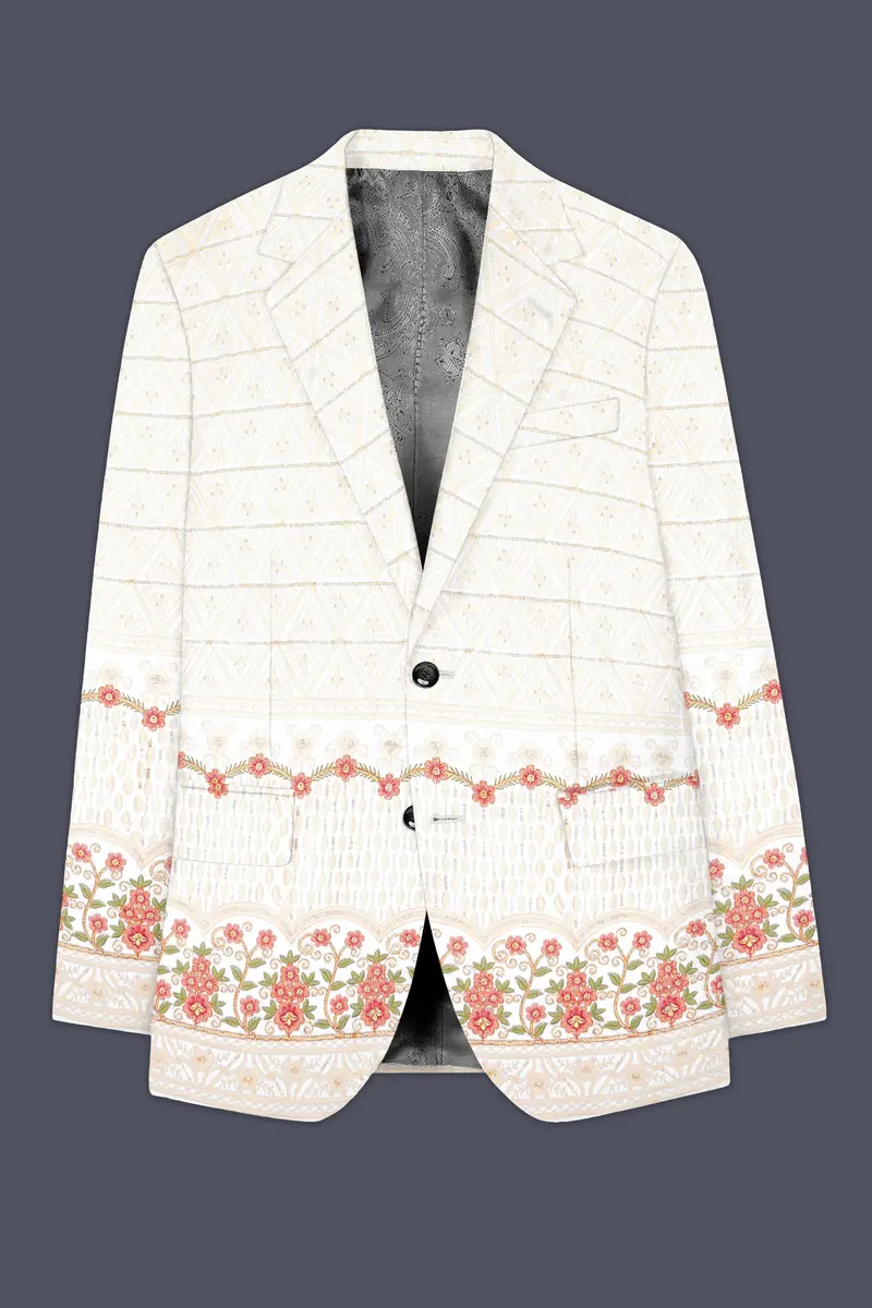 Fantasy Off White And Blush Pink Sequin And Thread Embroidered Single Breasted Blazer 7