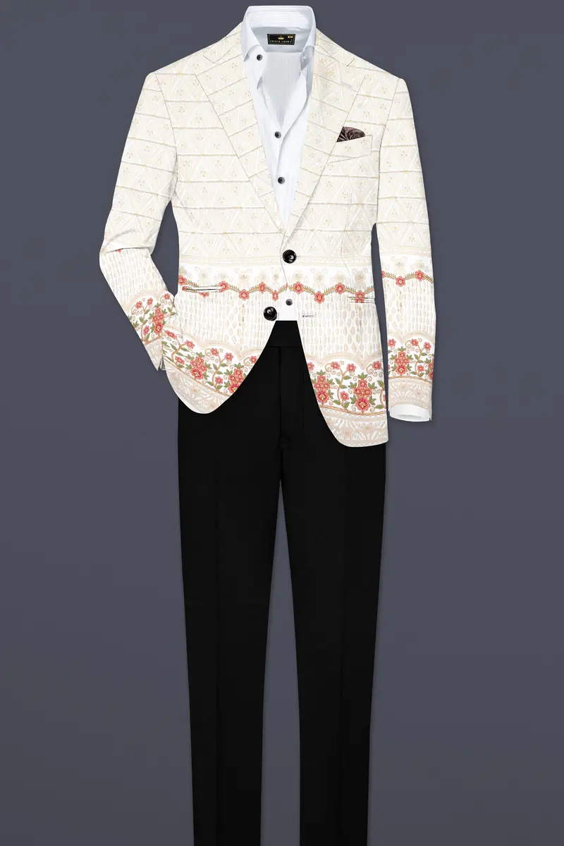 Fantasy Off White And Blush Pink Sequin And Thread Embroidered Single Breasted Blazer 9