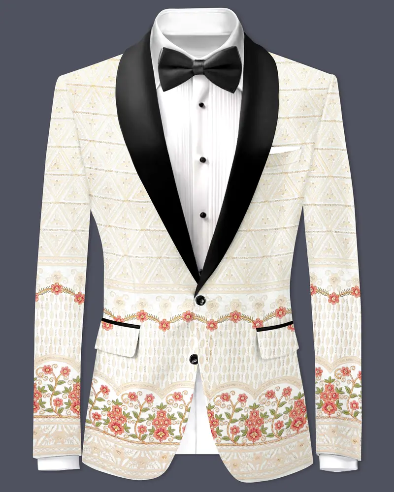 Fantasy Off White And Blush Pink Sequin And Thread Embroidered Tuxedo Blazer 1