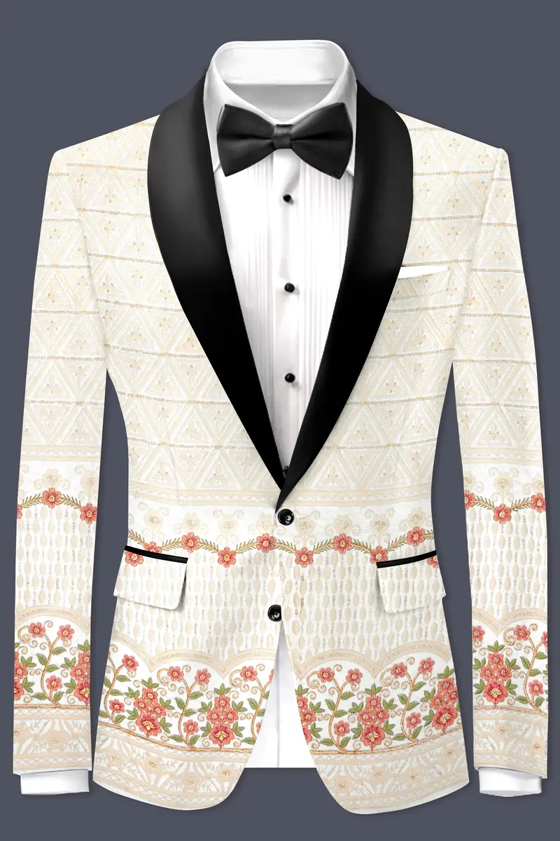 Fantasy Off White And Blush Pink Sequin And Thread Embroidered Tuxedo Blazer 2