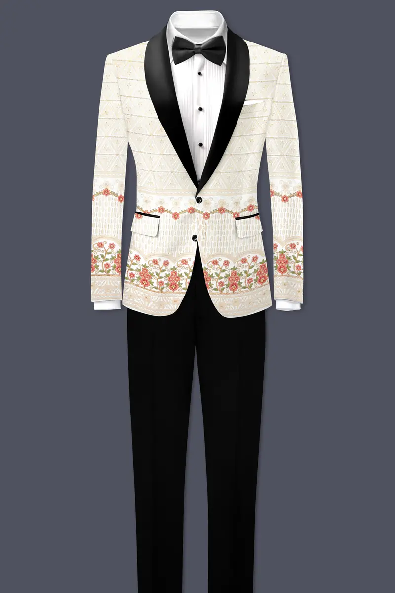 Fantasy Off White And Blush Pink Sequin And Thread Embroidered Tuxedo Blazer 8