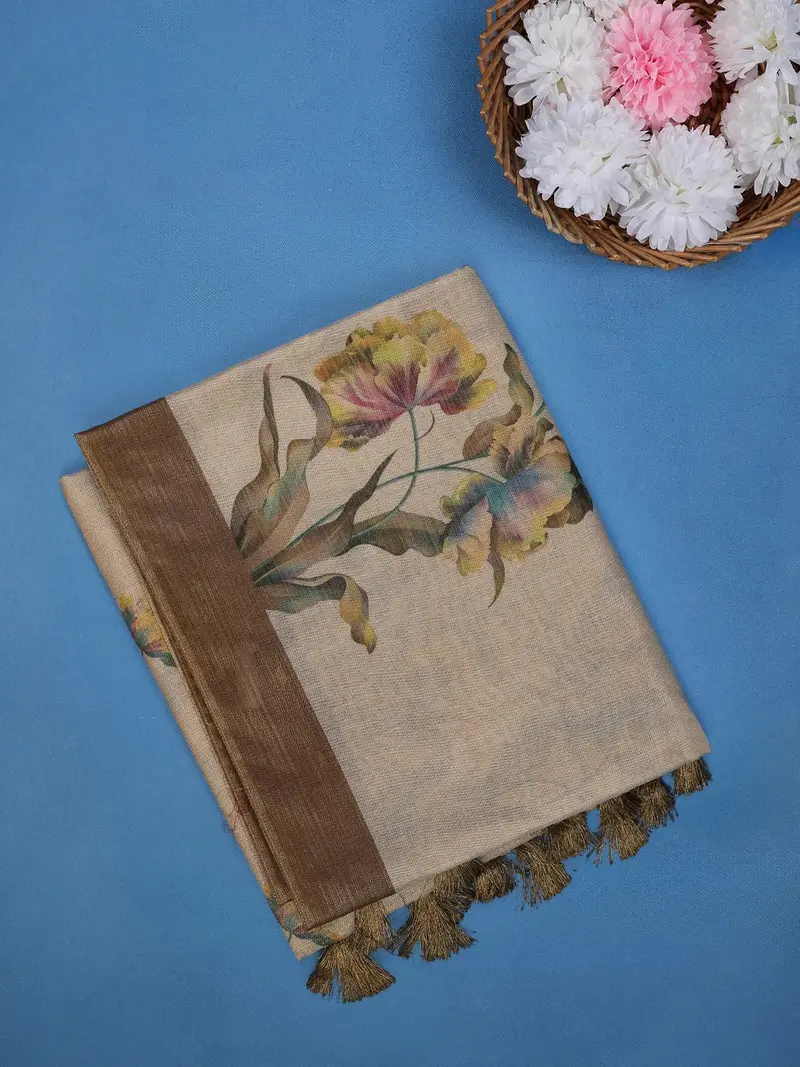 Fawn Beige Floral Design Semi Tissue Saree 1