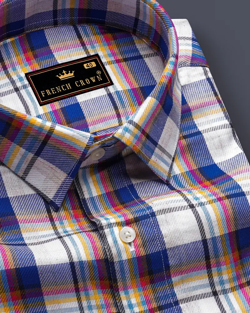 Fawn White With Azure Blue Twill Plaid Premium Cotton Shirt 1