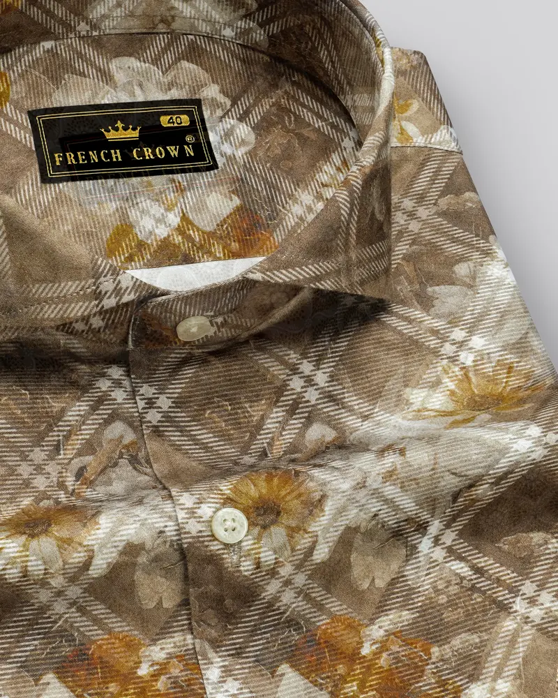 Ferra With Dull Brown Diagonally Checkered With Floral Printed Super Soft Premium Cotton Shirt 1