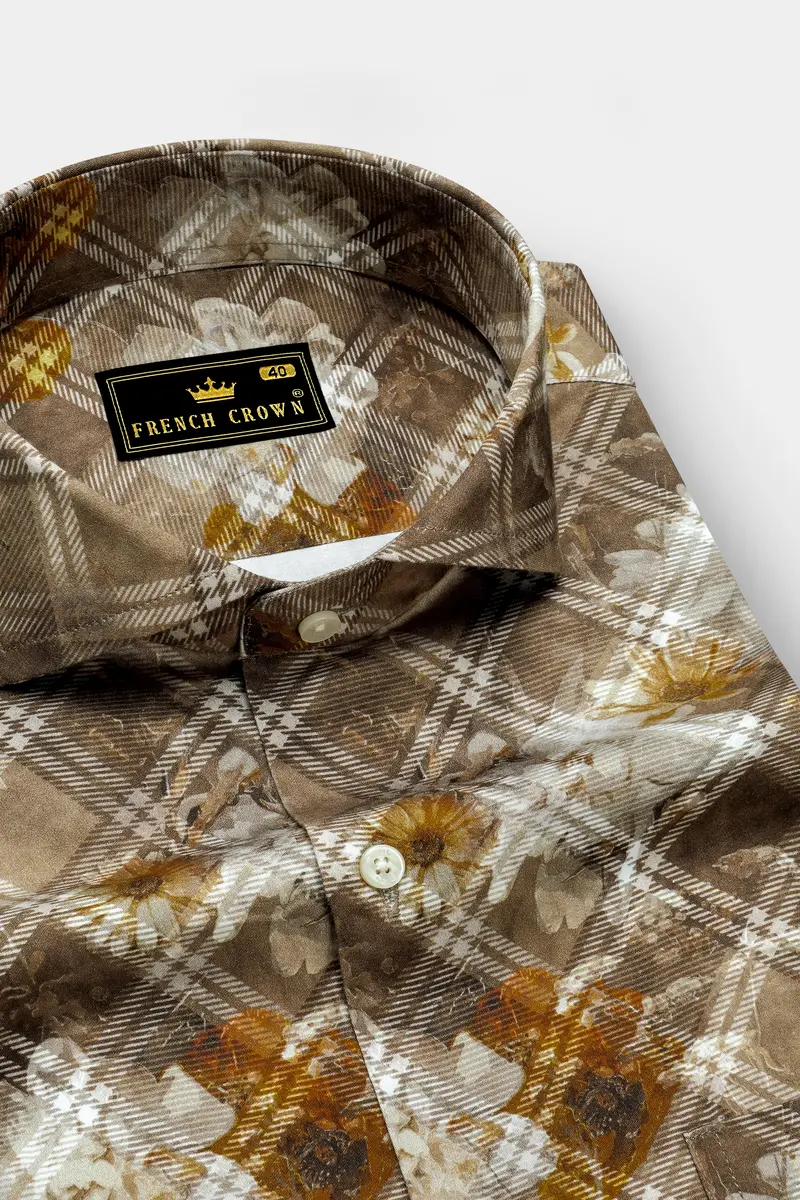 Ferra With Dull Brown Diagonally Checkered With Floral Printed Super Soft Premium Cotton Shirt 2