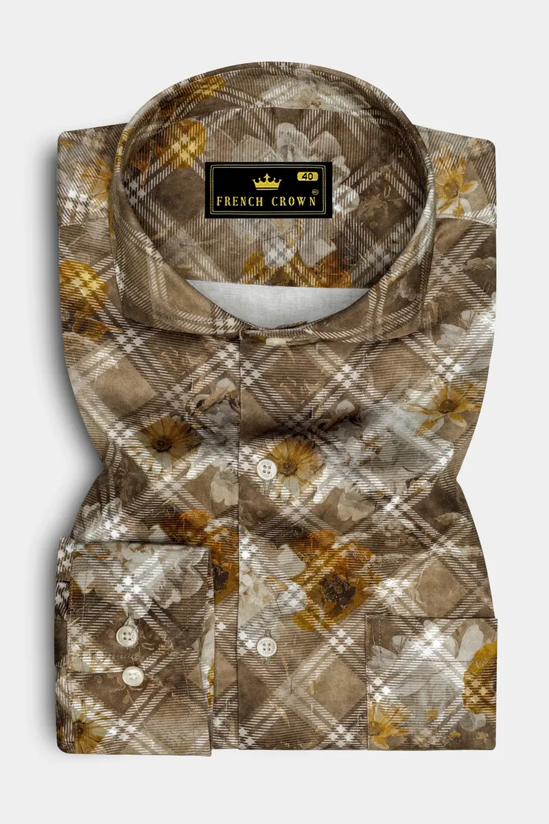 Ferra With Dull Brown Diagonally Checkered With Floral Printed Super Soft Premium Cotton Shirt 4