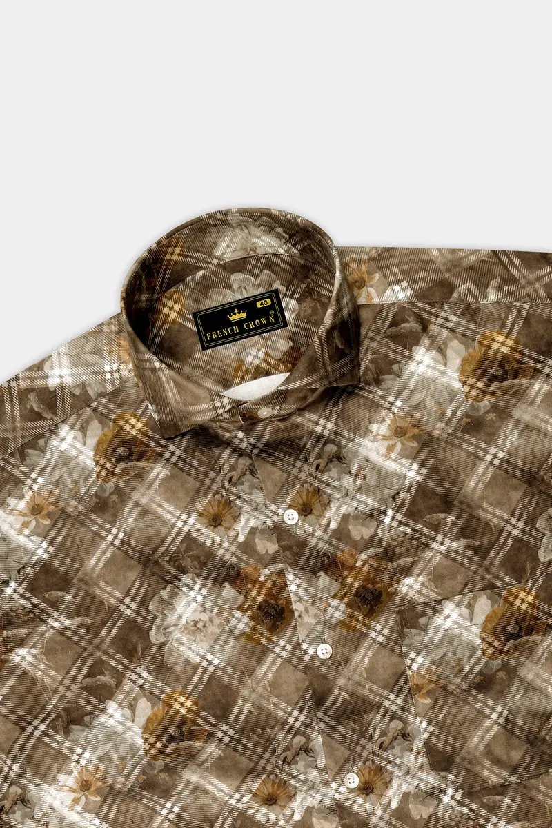 Ferra With Dull Brown Diagonally Checkered With Floral Printed Super Soft Premium Cotton Shirt 5