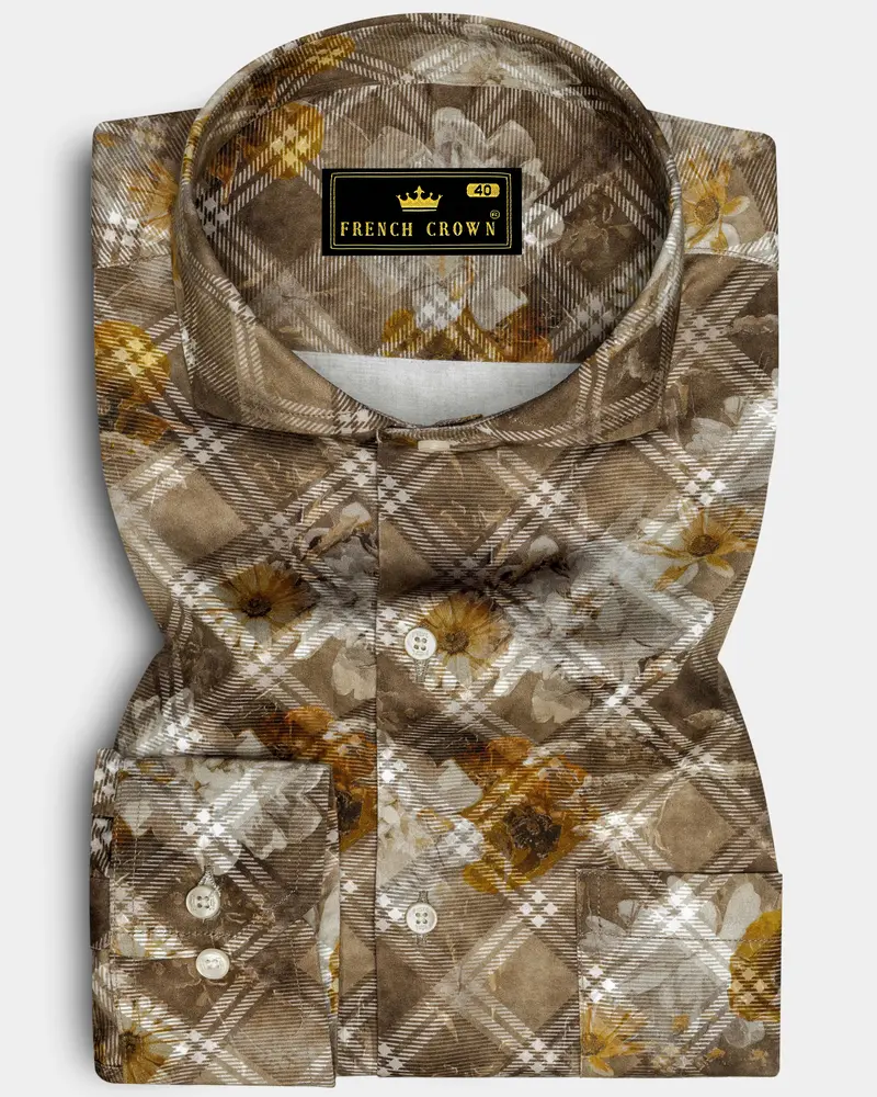 Ferra With Dull Brown Diagonally Checkered With Floral Printed Super Soft Premium Cotton Shirt 6