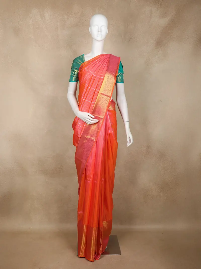 Fiery Orange Stripes Woven Design Pure Kanchipuram Silk Saree With Contrast Green Blouse 1