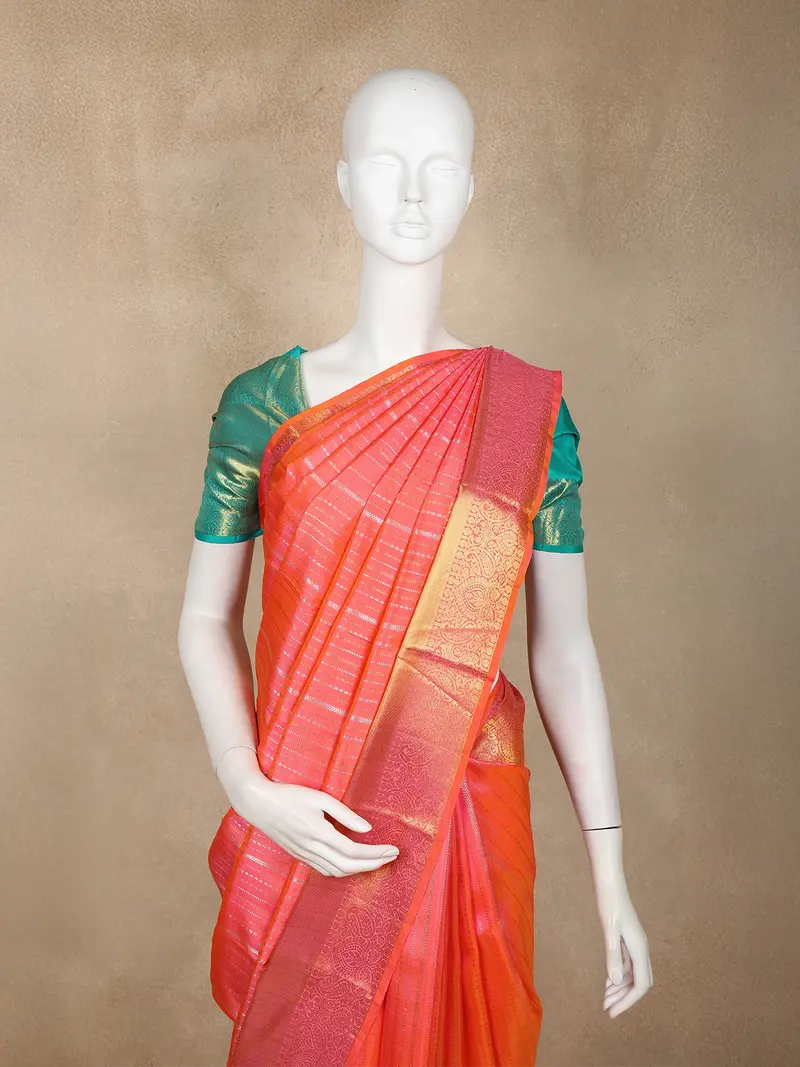Fiery Orange Stripes Woven Design Pure Kanchipuram Silk Saree With Contrast Green Blouse 2