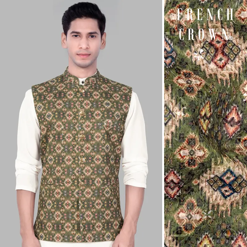 Finch Green And Coffee Brown Multicolour Designer Embroidered Nehru Jacket 1