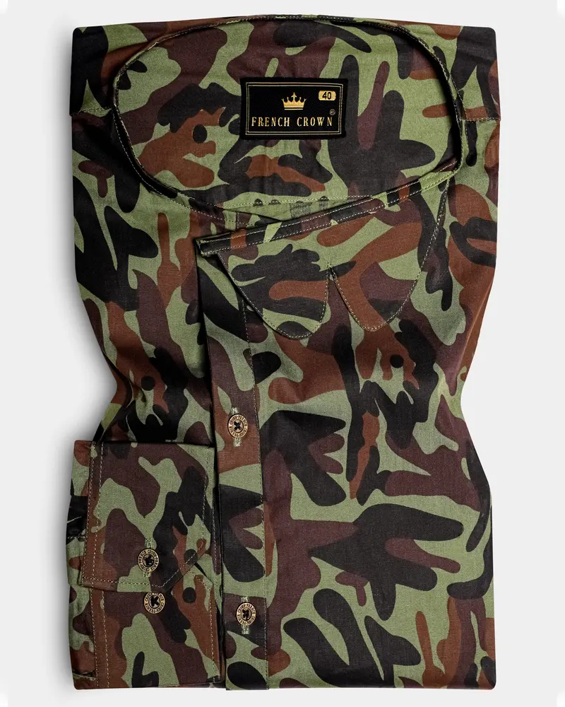 Finch Green And Taupe Brown Camouflage Printed Oxford Premium Cotton Casual Designer Shirt 1