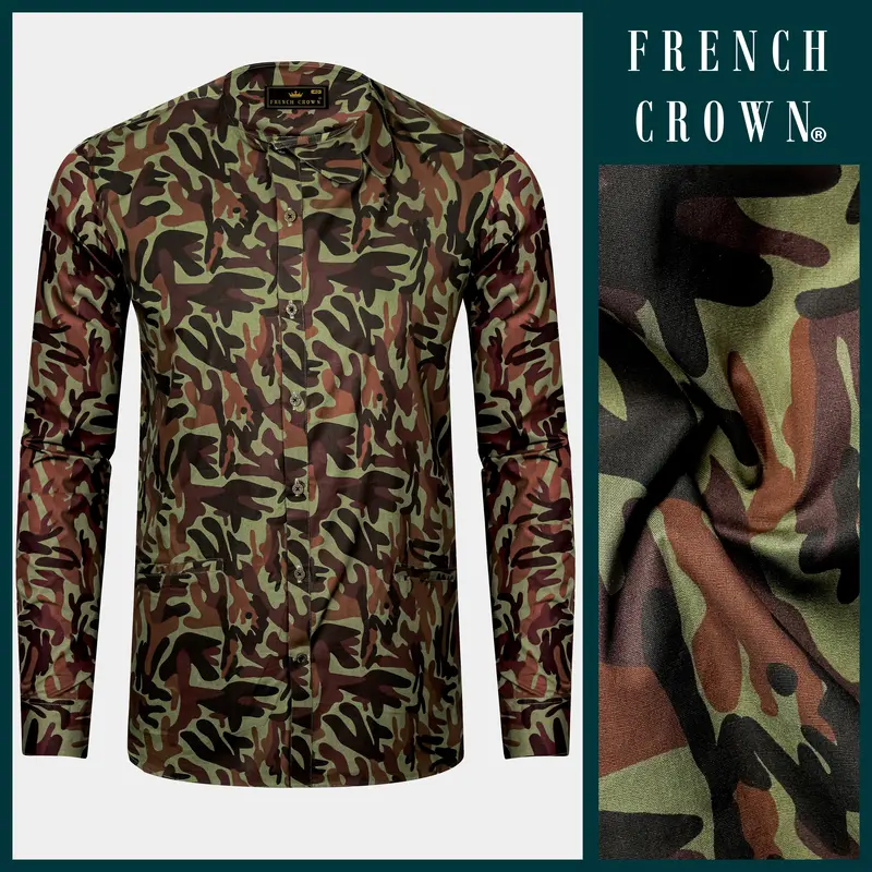 Finch Green And Taupe Brown Camouflage Printed Oxford Premium Cotton Casual Designer Shirt 10