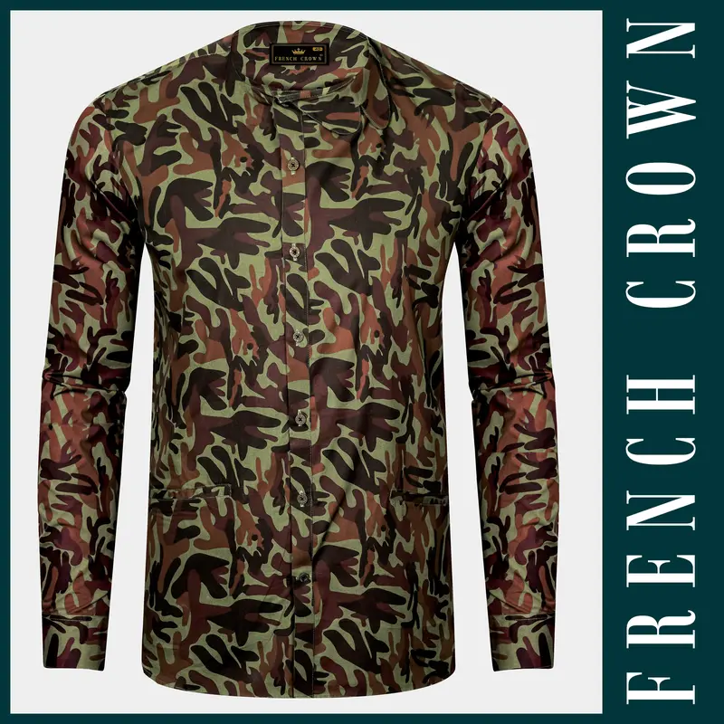 Finch Green And Taupe Brown Camouflage Printed Oxford Premium Cotton Casual Designer Shirt 11