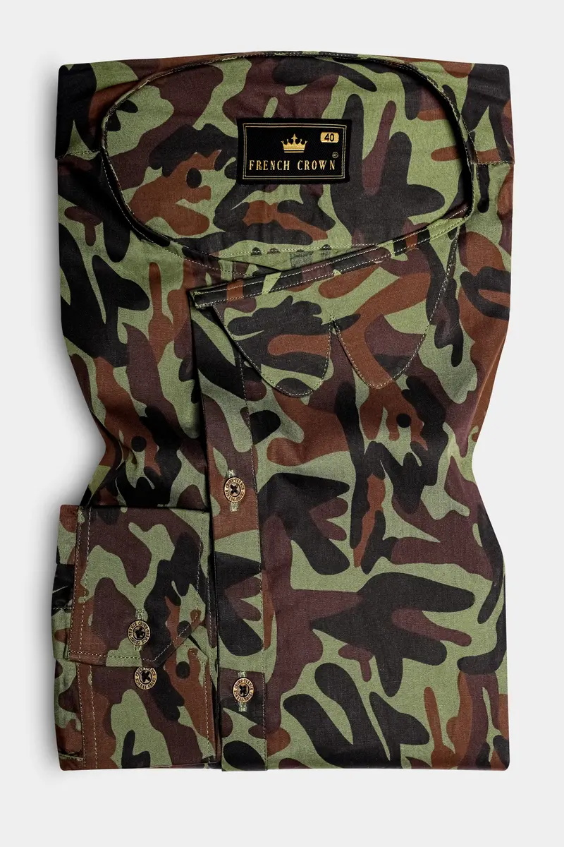 Finch Green And Taupe Brown Camouflage Printed Oxford Premium Cotton Casual Designer Shirt 2