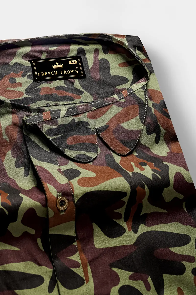 Finch Green And Taupe Brown Camouflage Printed Oxford Premium Cotton Casual Designer Shirt 4