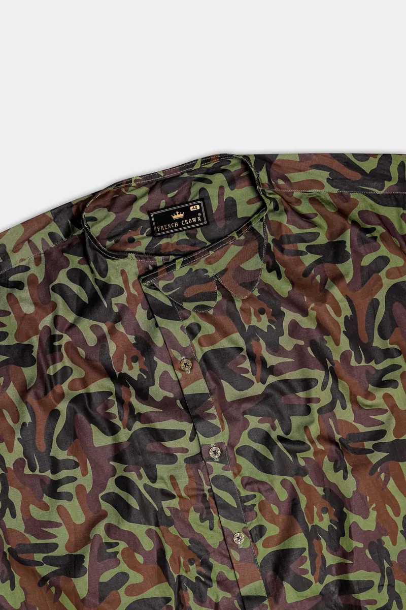 Finch Green And Taupe Brown Camouflage Printed Oxford Premium Cotton Casual Designer Shirt 5
