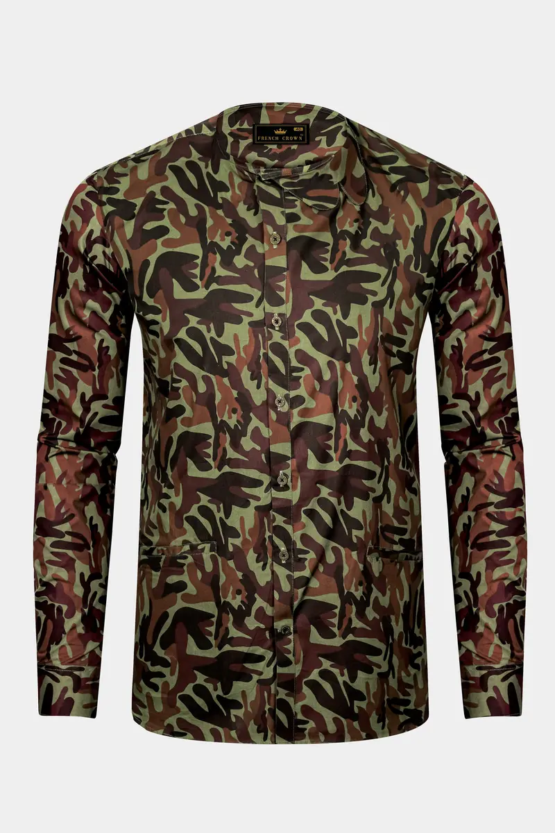 Finch Green And Taupe Brown Camouflage Printed Oxford Premium Cotton Casual Designer Shirt 6