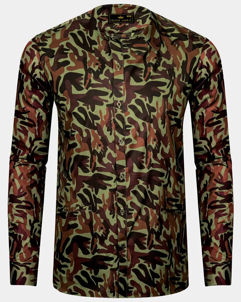 Finch Green And Taupe Brown Camouflage Printed Oxford Premium Cotton Casual Designer Shirt 8