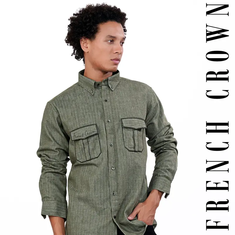 Finch Green Hand Painted Herringbone Designer Shirt 1