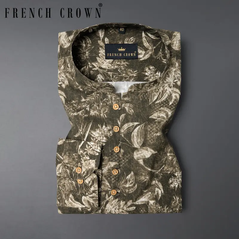 Finch Green Leaves Printed Premium Cotton Kurta Shirt 1