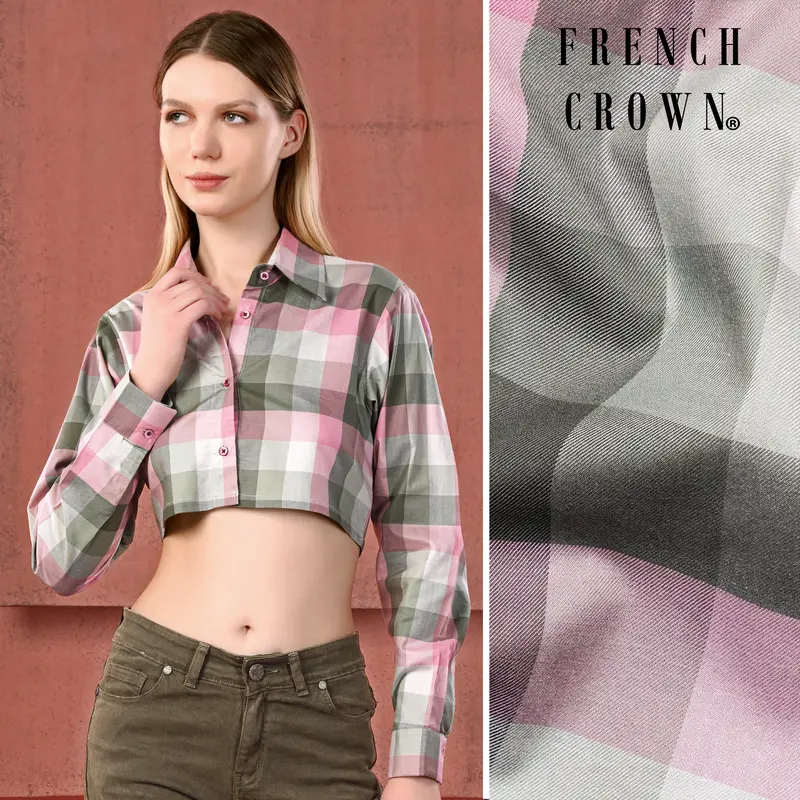 Finch Green With Kawaii Pink Multicolour Checked Premium Cotton Crop Shirt 1