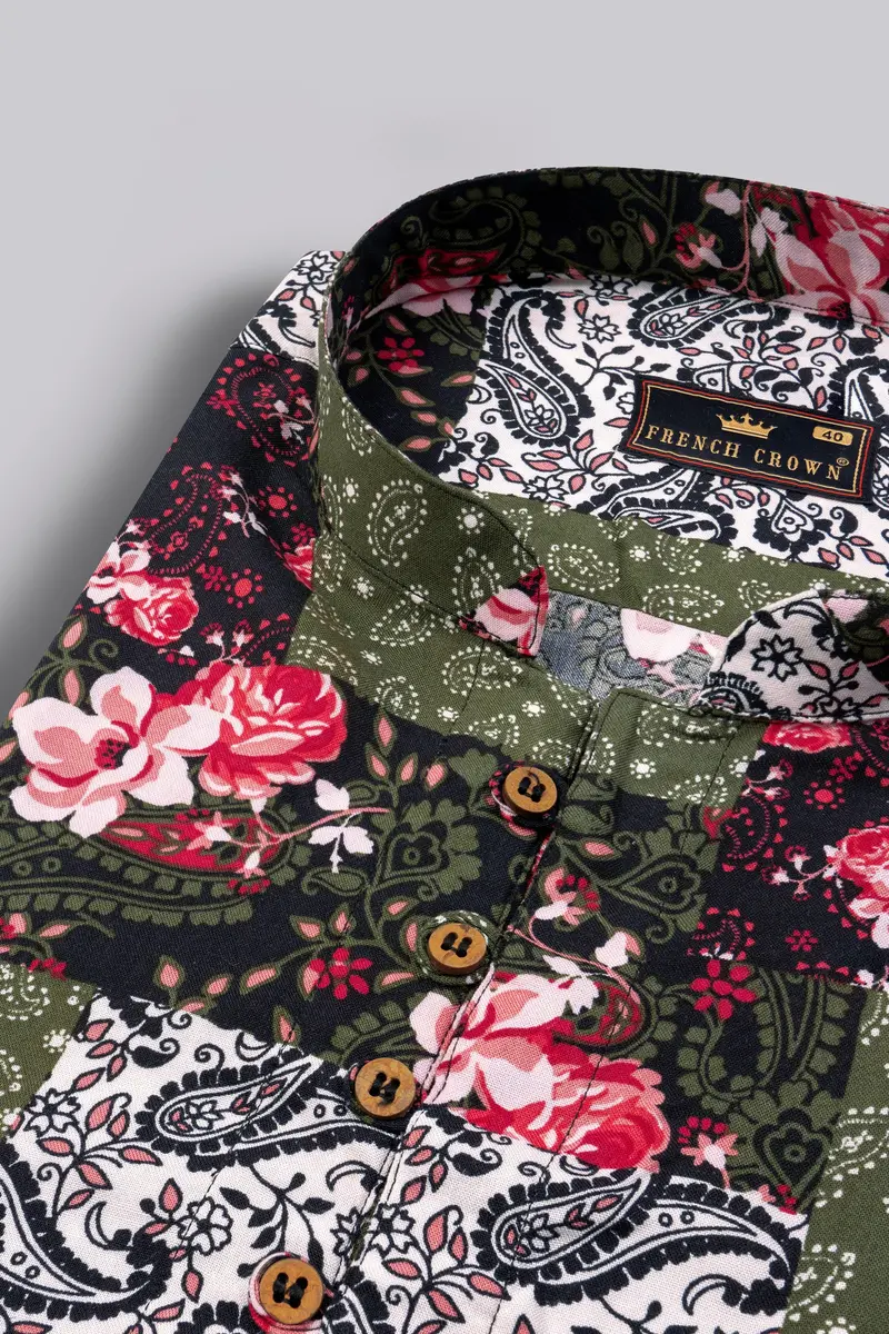 Finch Green With Multicolored Banjara Printed Premium Tencel Kurta Shirt 4