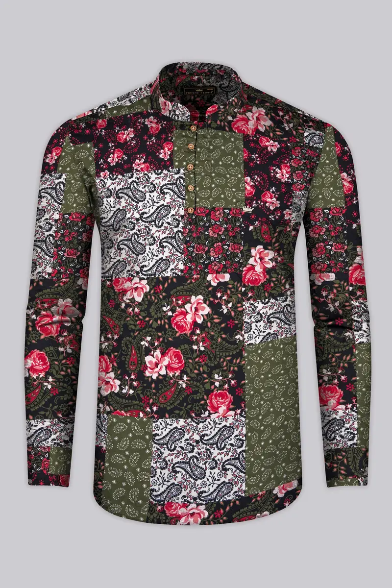 Finch Green With Multicolored Banjara Printed Premium Tencel Kurta Shirt 5
