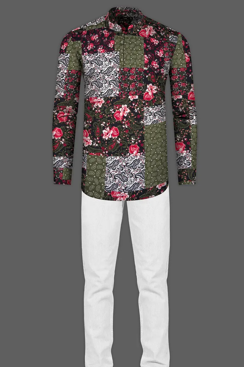 Finch Green With Multicolored Banjara Printed Premium Tencel Kurta Shirt 7