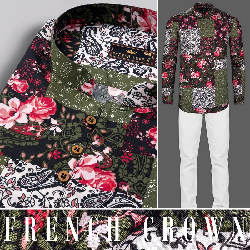 Finch Green With Multicolored Banjara Printed Premium Tencel Kurta Shirt 8